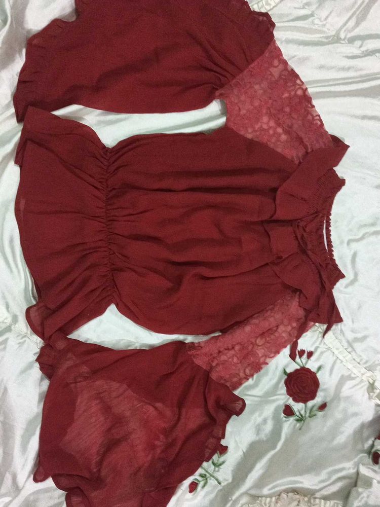 Maroon Lace Sleeve Top