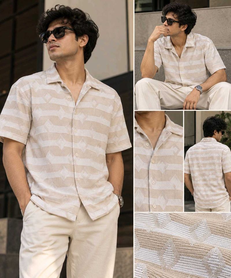 Men's Beige Textured Short Sleeve Shirt