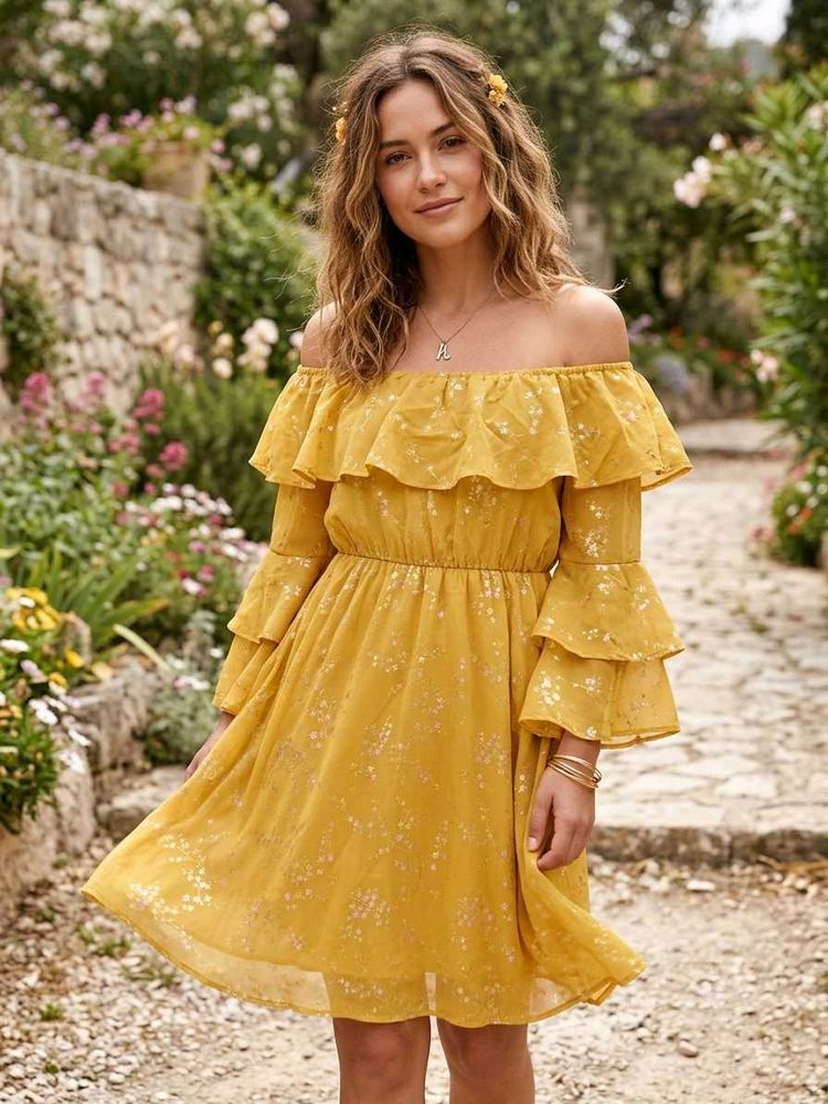 Yellow Off-Shoulder Ruffle Dress