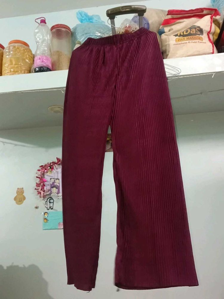 Maroon Pleated Wide-Leg Pants