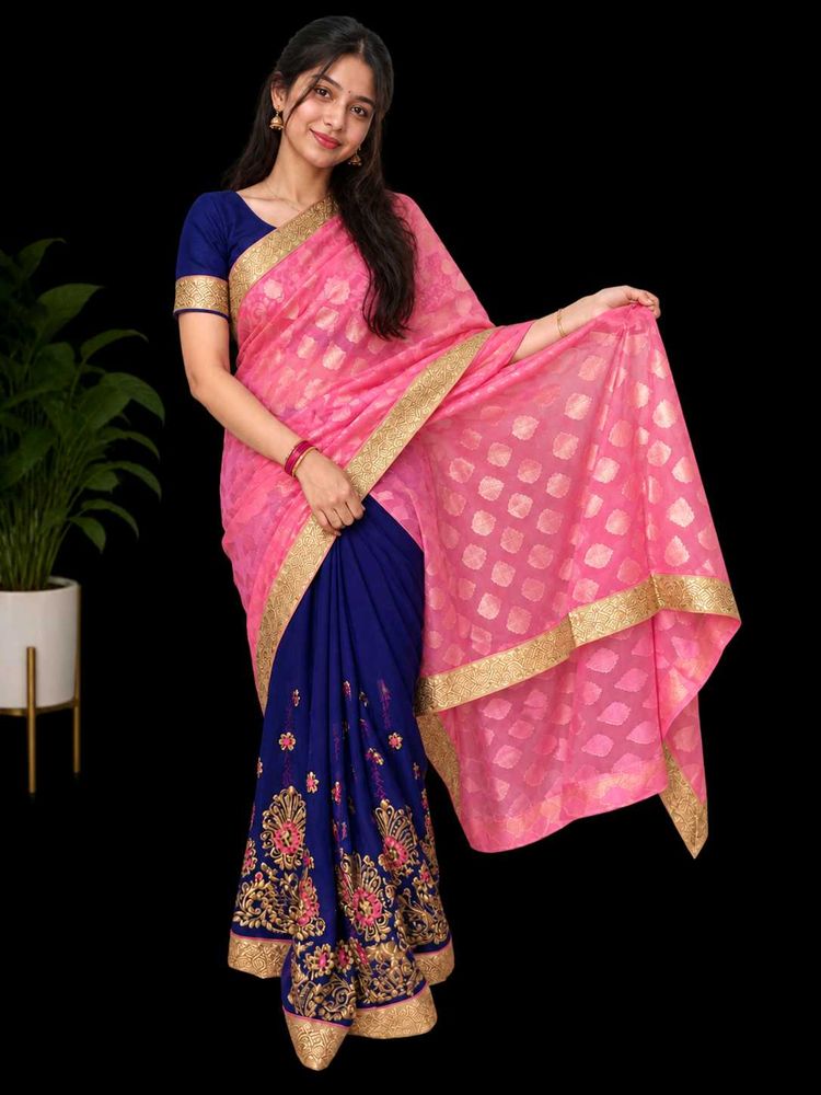 (No blouse) Elegant Pink and Blue Saree