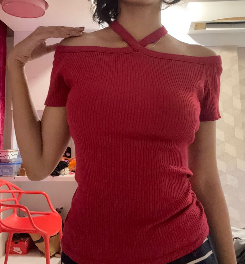 Red Off-Shoulder Ribbed Knit Top