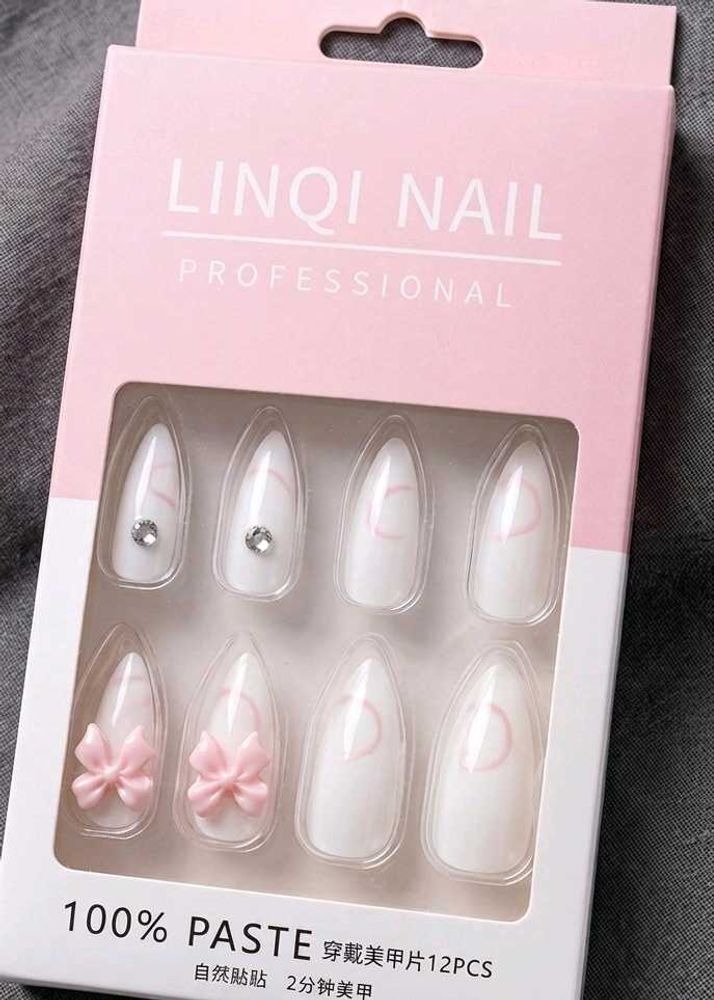 🎀 White  &amp; 3D Pink Bow Press-On Nails