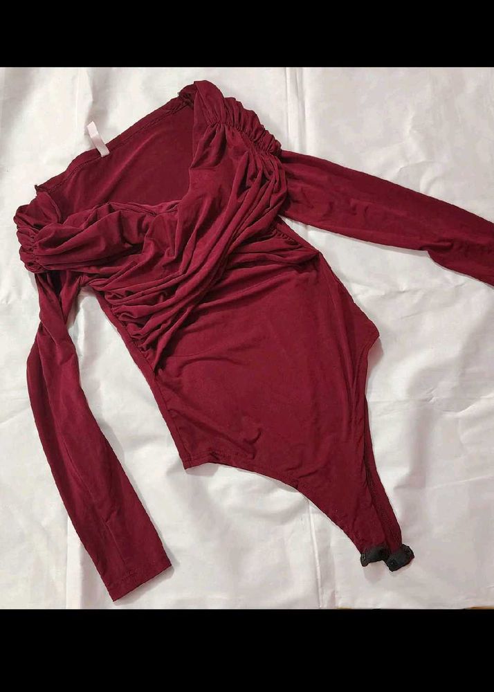 Maroon Ruched Long Sleeve Bodysuit