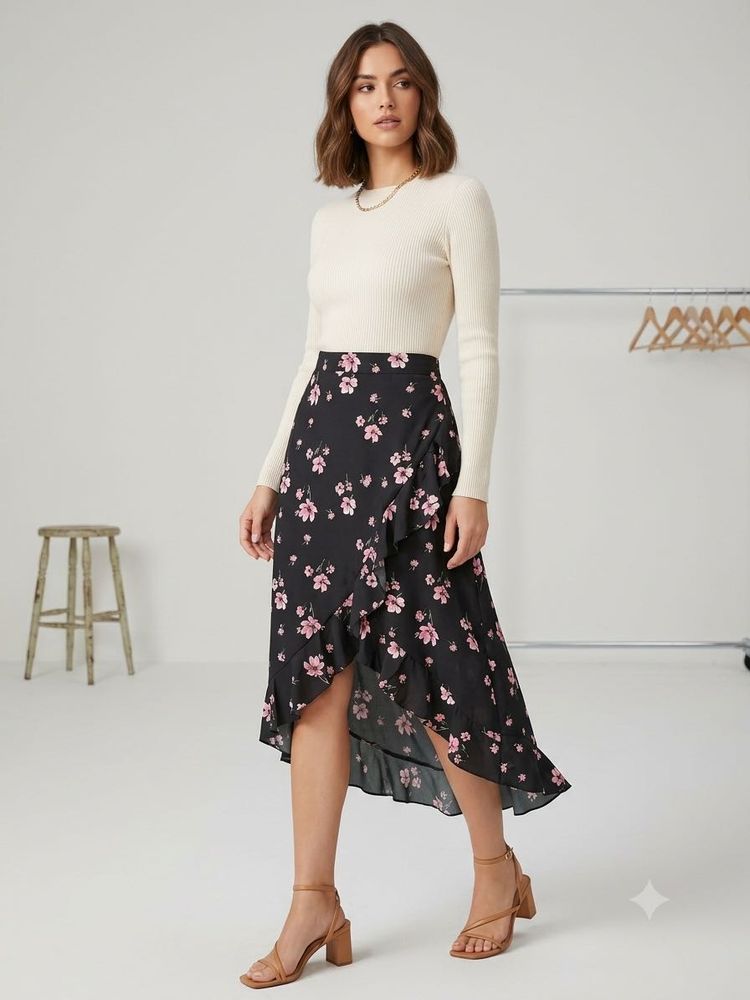 Flowy Floral Wrap Style Skirt