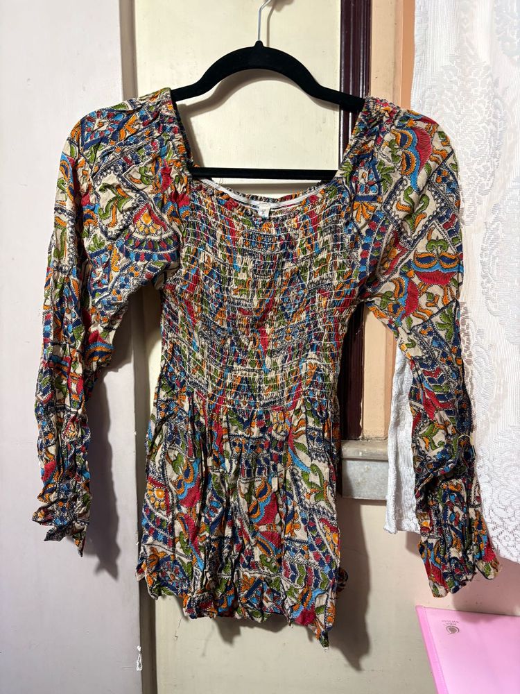 Boho Smocked Print Top y2k
