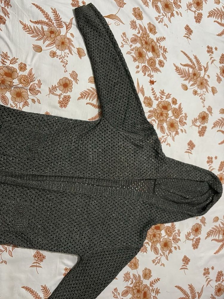 Gray Knit Hooded Cardigan