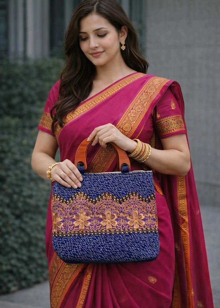 Stylish Embroidered Handbag 👜 with Wooden Handle