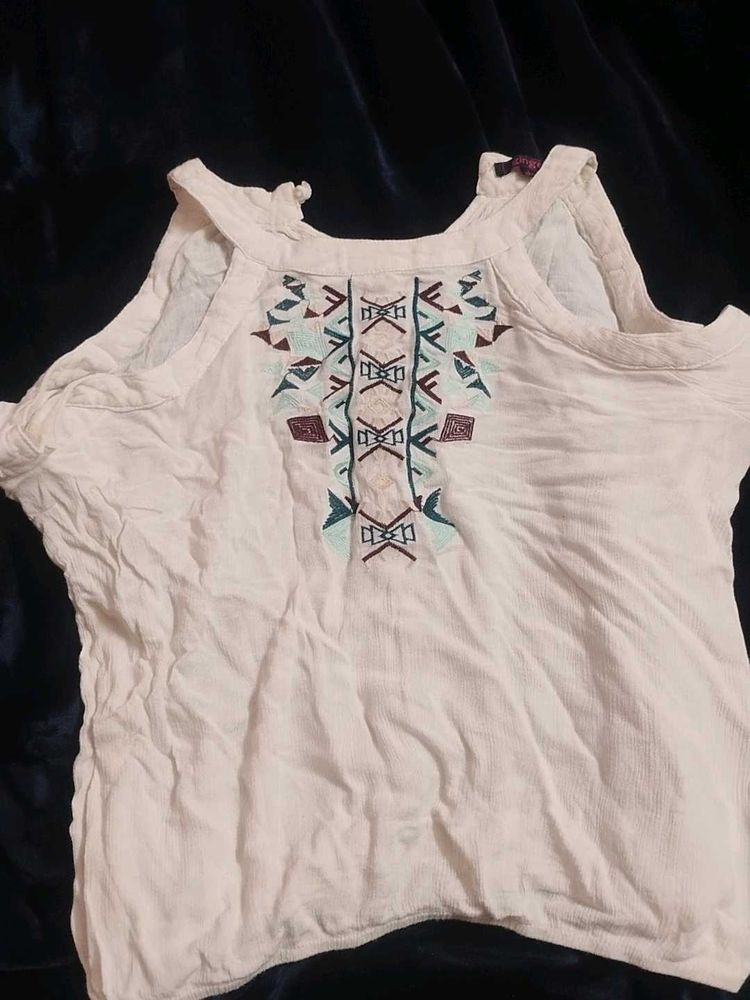 White Embroidered Cold Shoulder Top