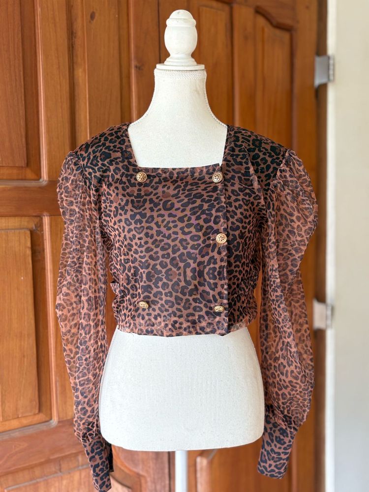 Leopard Print Sheer Button-Up Crop Top