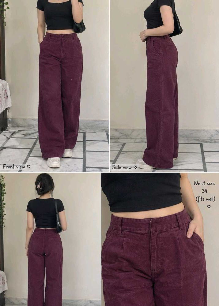 Burgundy Corduroy Wide-Leg Pants