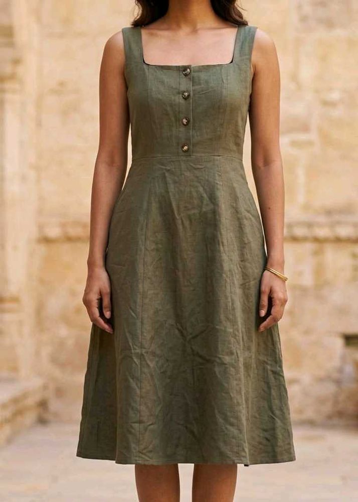 Olive Green Square Neck Button-Up Dress