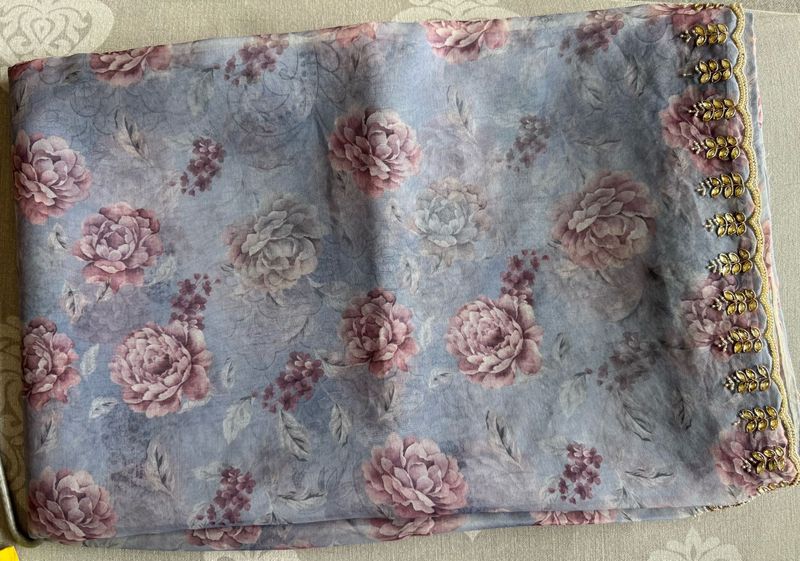 beautiful floral print organza saree with blouse