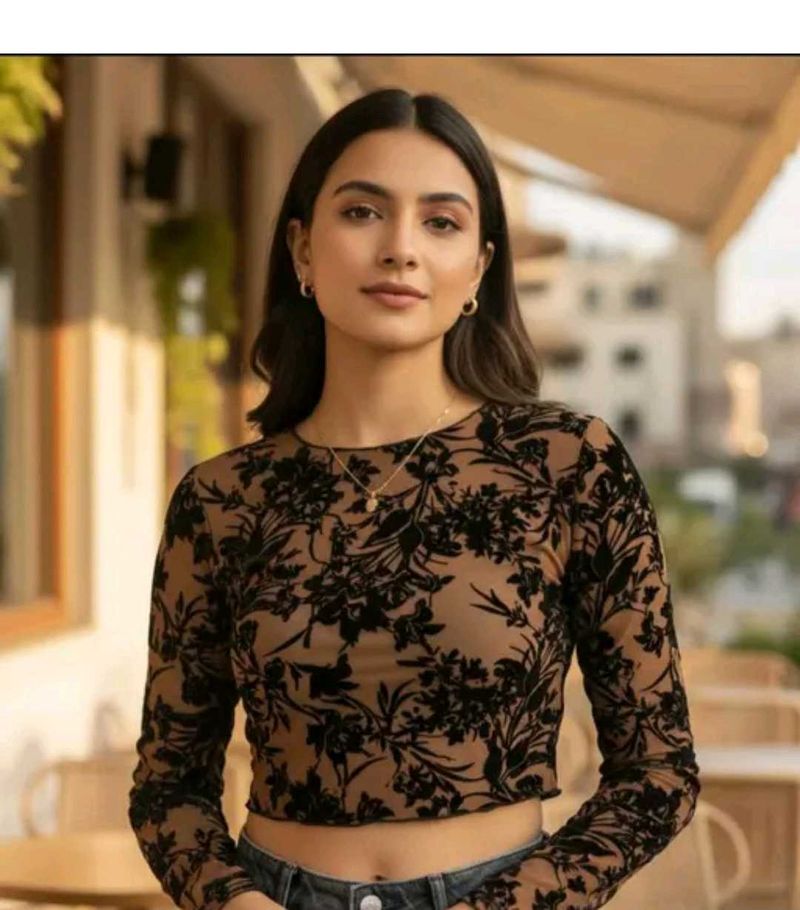 Sheer Floral Long Sleeve Crop Top