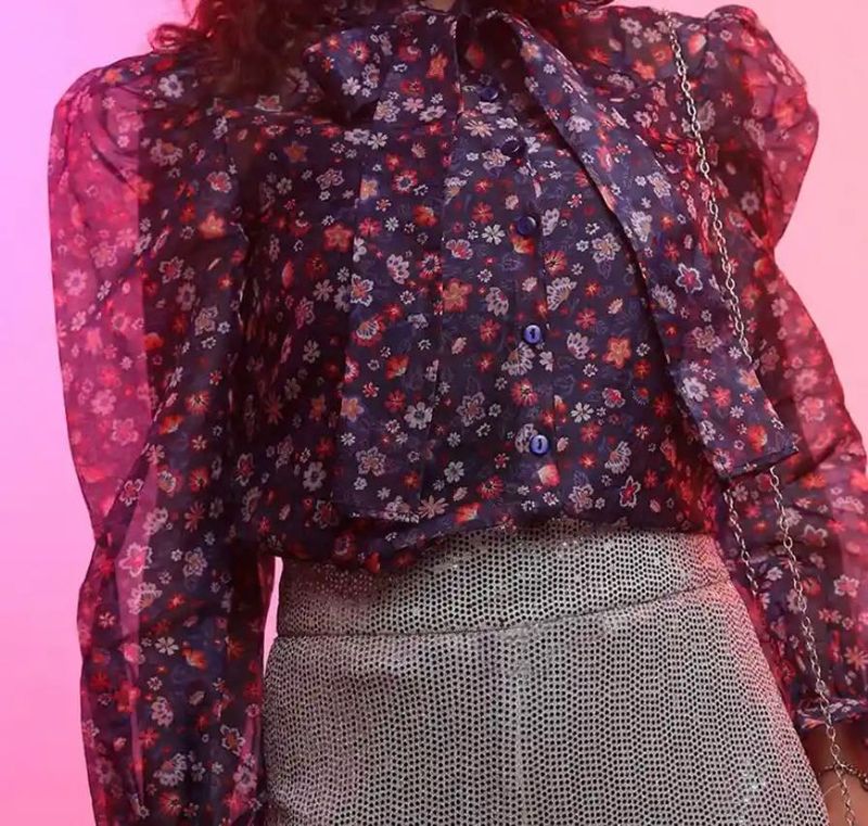 Floral Print Sheer Blouse with Neck Tie. Worn only