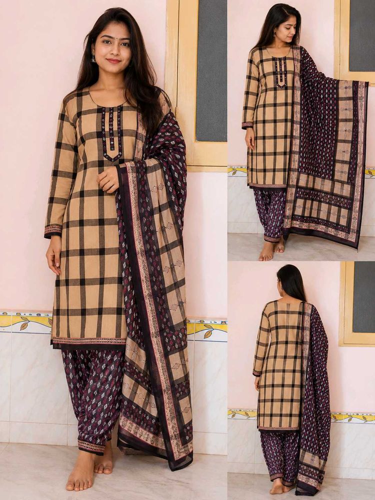 Elegant Beige Check Kurta Set with Dupatta