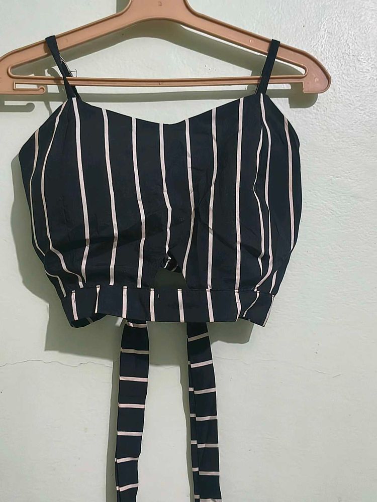 Striped Paded Crop Top with Tie Detail