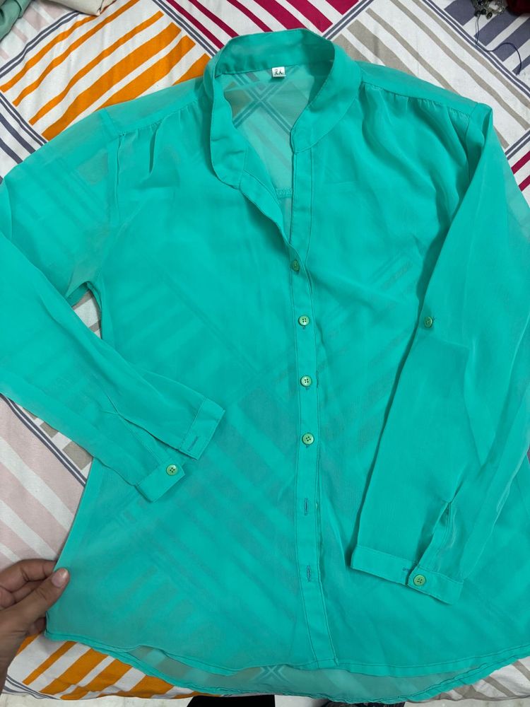 Chic Sheer Teal Button-Up Blouse
