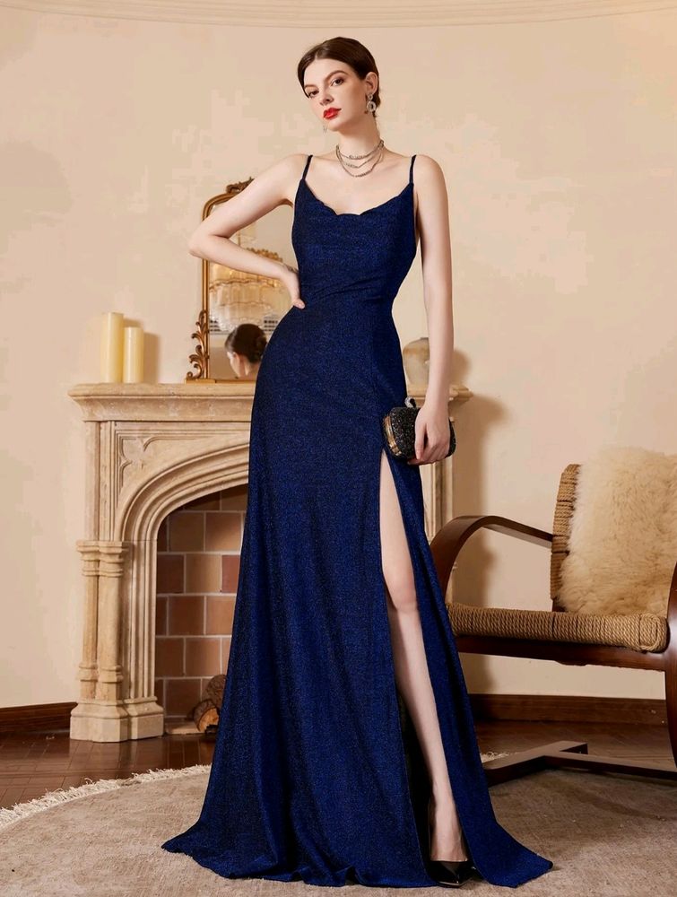 Urbanic Blue Shimmer Party Gown With Front Slit