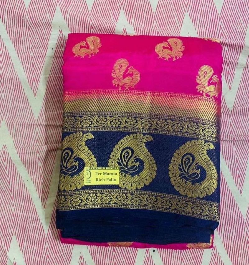 Elegant Pink and Navy Saree with Peacock Motif