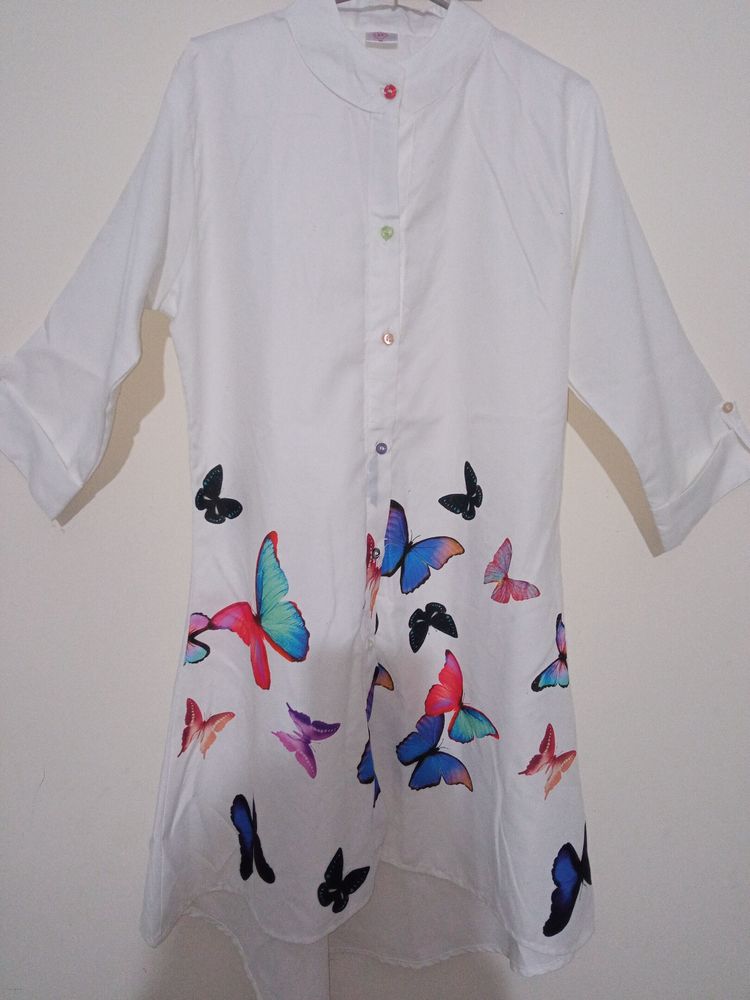 White Color Butterfly Print Long Shirt