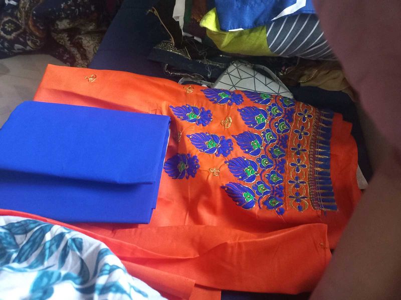 new Orange &amp; Blue Embroidered Dress Material