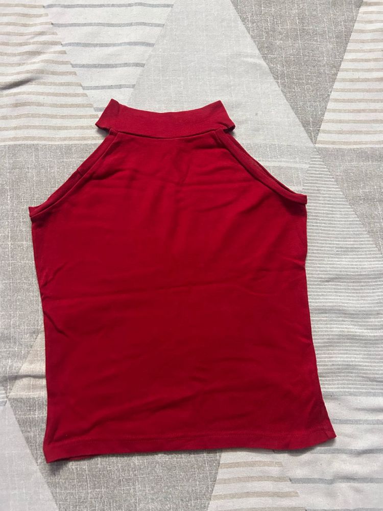 Red High Neck Cutout Sleeveless Top