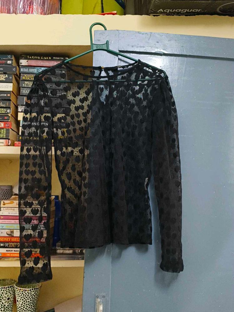 Sheer Black Heart Pattern Mesh Top
