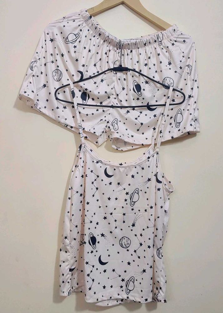 White Cute Space Printed Set For 34 Bust