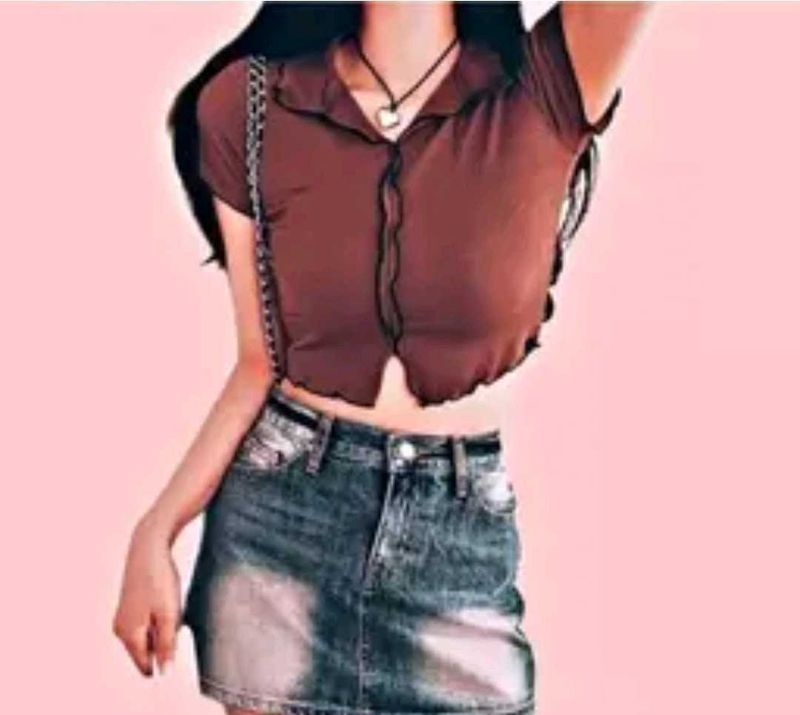 💗Brown Mesh Button-Up Crop Top💗