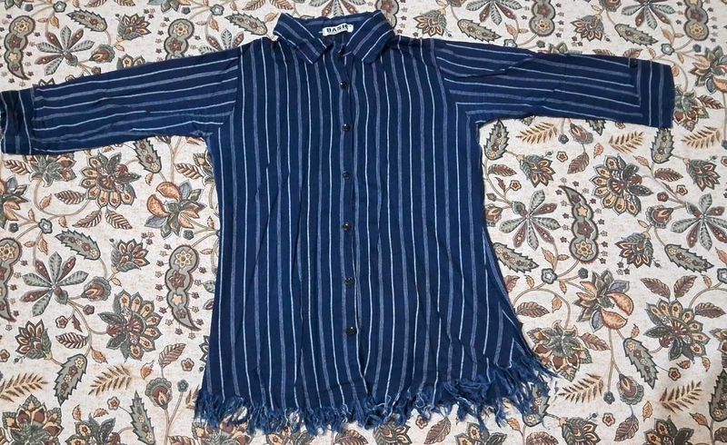 Striped Blue Blouse with Frayed Hem
