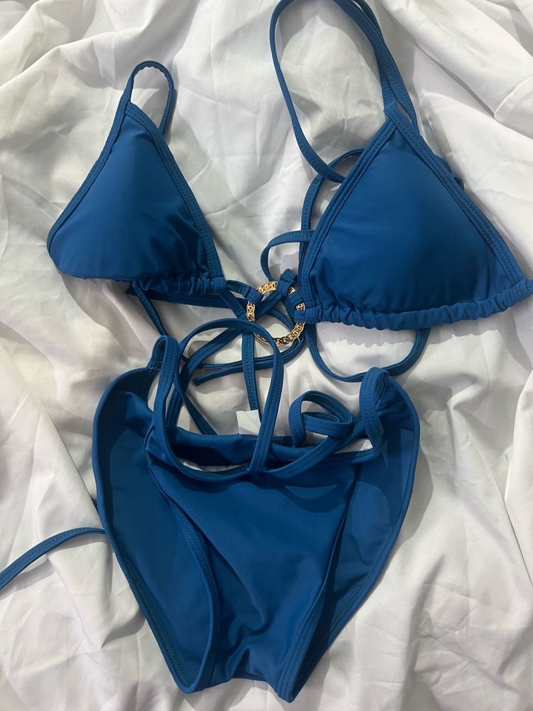 Blue Bikini Set with Gold Detail