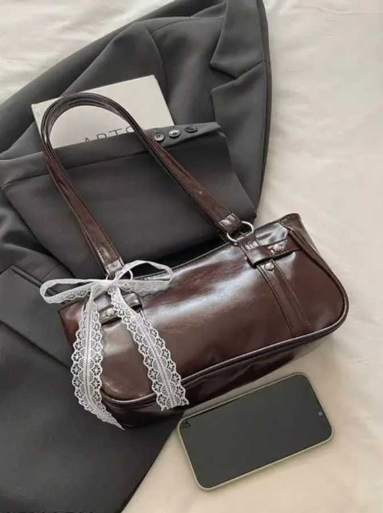 Brown shoulder bag with lace bow🎀👜