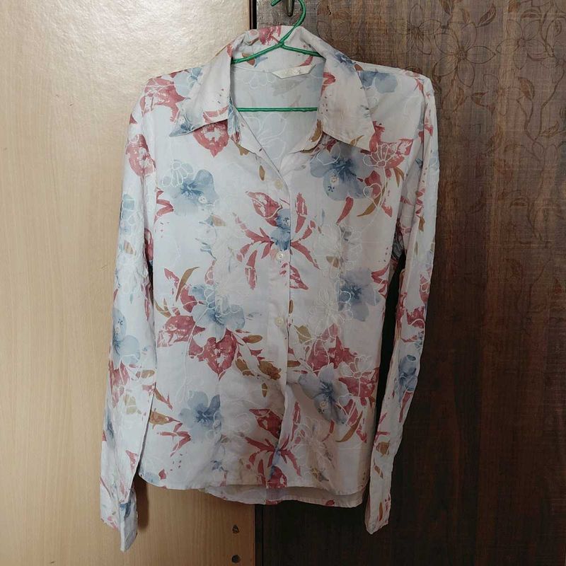 White Embroidered Floral Print Button-Up Shirt