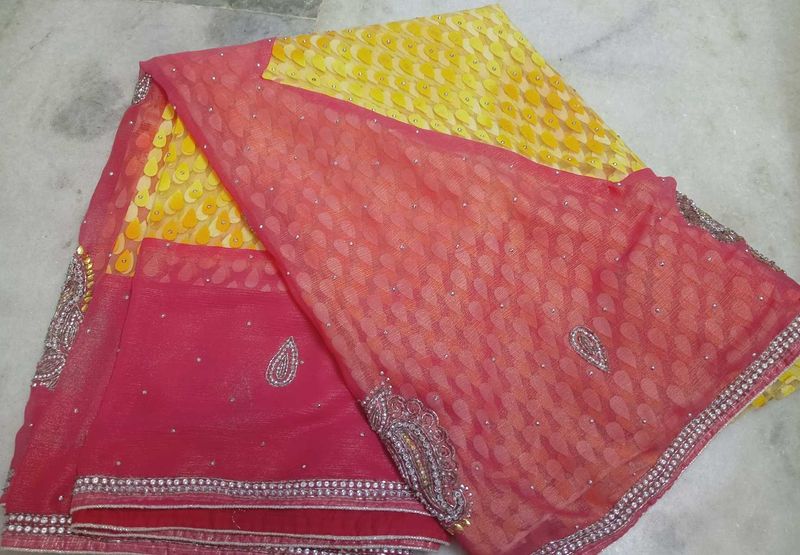 Beautiful Yellow &amp; Pink Embellished Saree