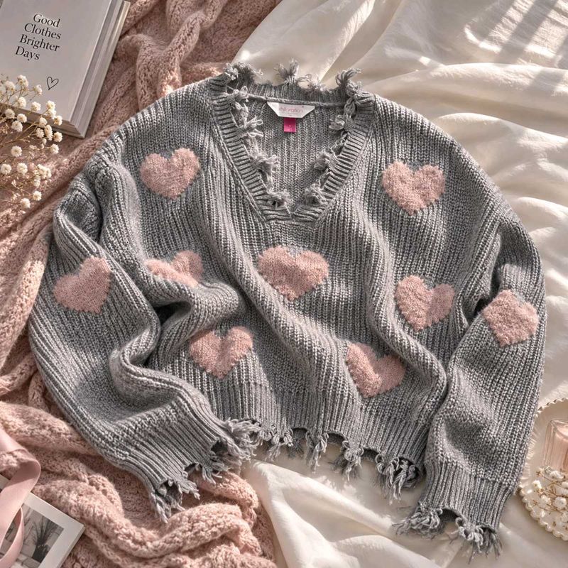SWEATER WITH PINK HEART PATCHES &amp; DISTRESSED