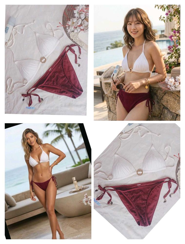 Stylish Bikini Set - White Top &amp; Maroon Bottom