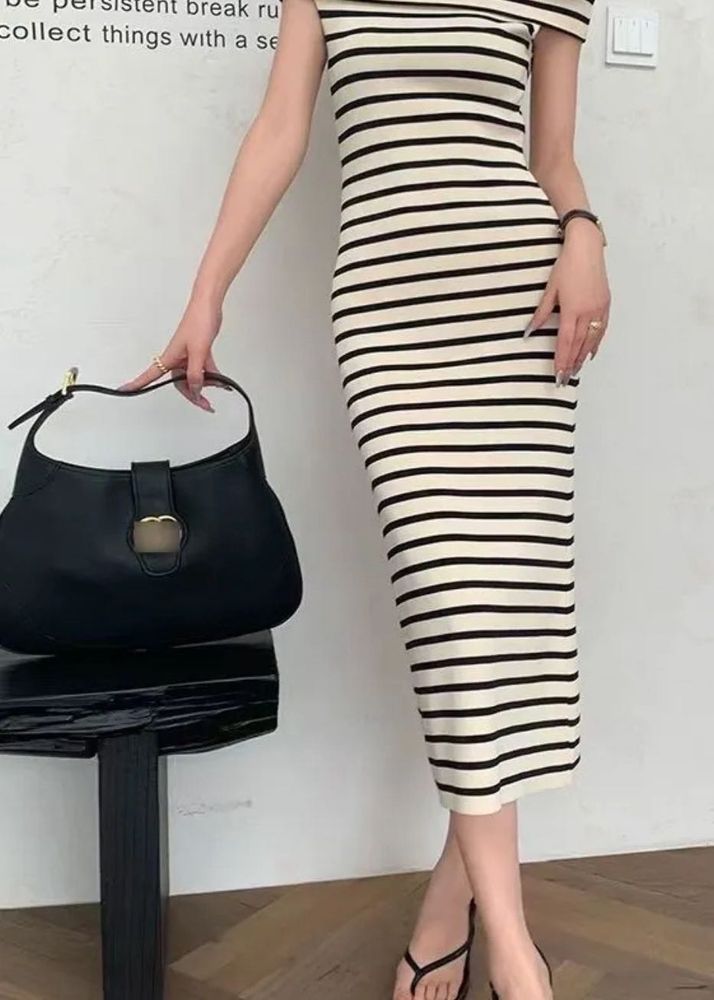 Striped Off-Shoulder Knit Midi Dress