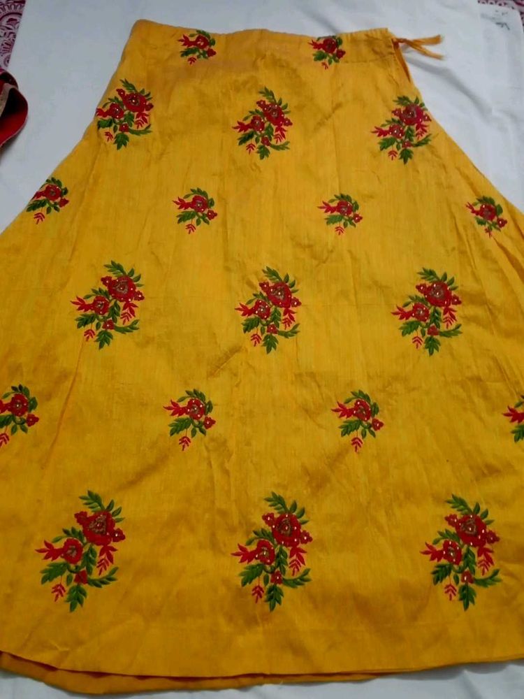 Yellow N Magenta Crop Top With Skirt