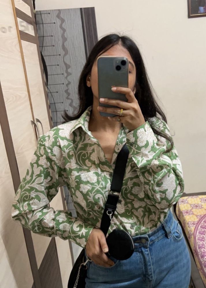 Women Mint Green Floral Block Print Shirt