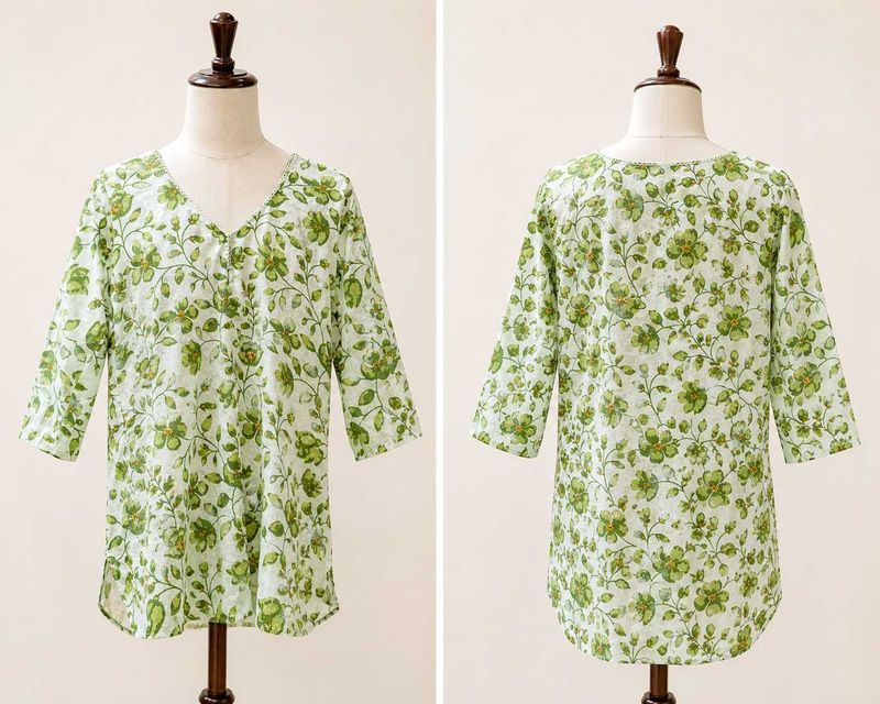 Green Floral Print V-Neck Short Kurti