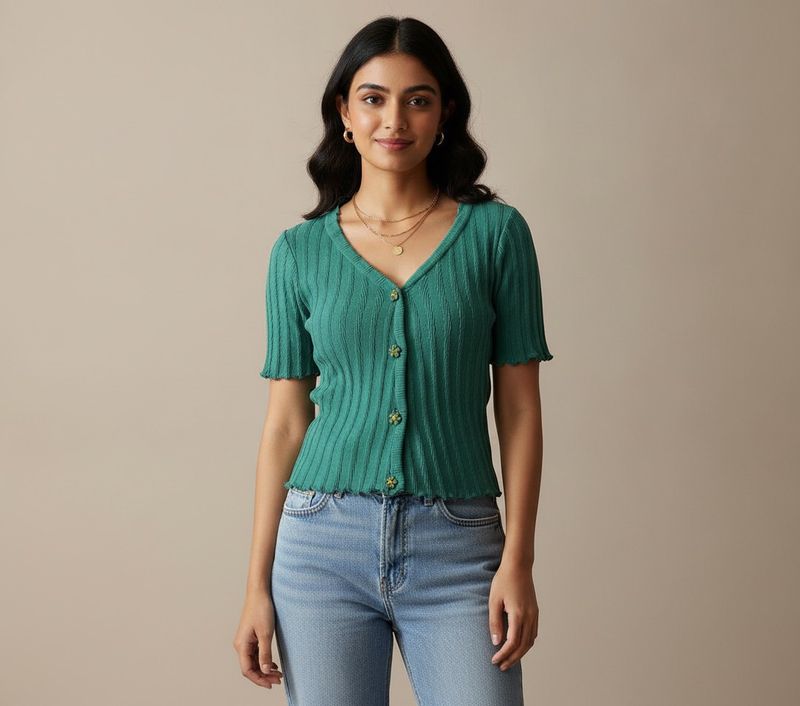 Green Button-Up Knit Top
