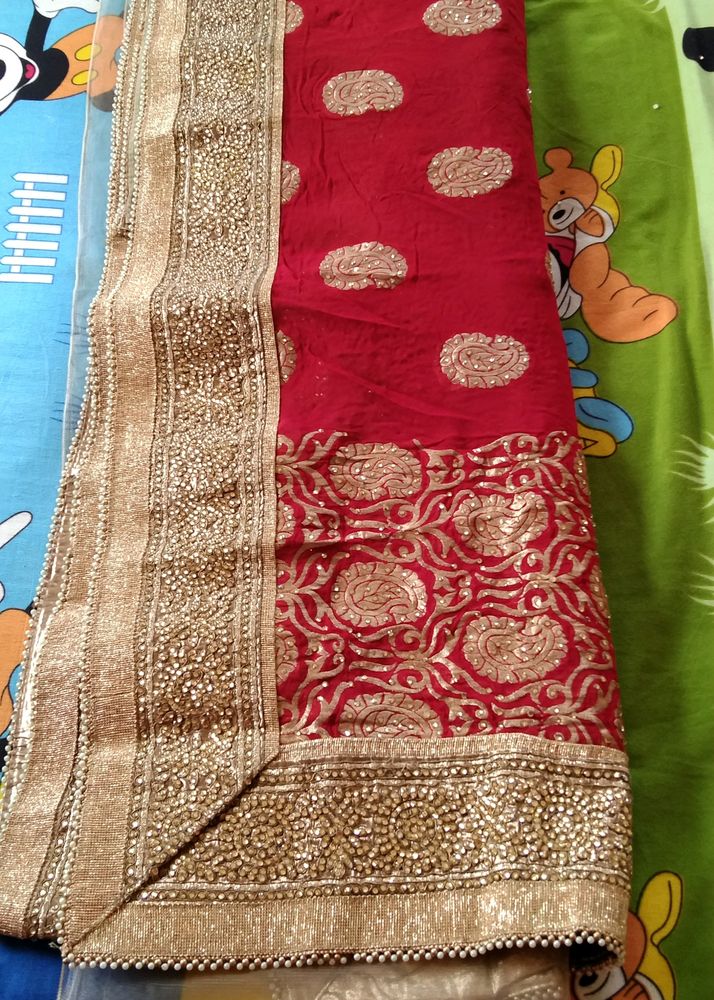 Wedding Saree/Cream And Red Net Saree