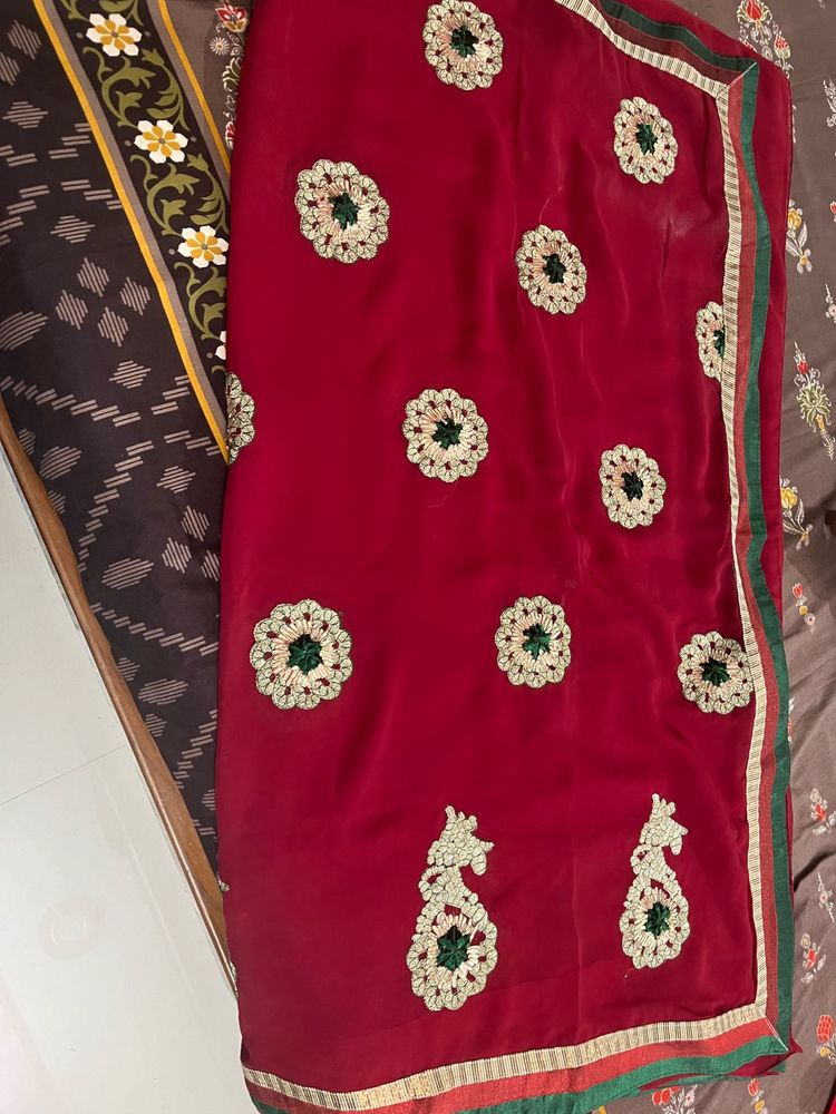 Elegant Embroidered Red Saree