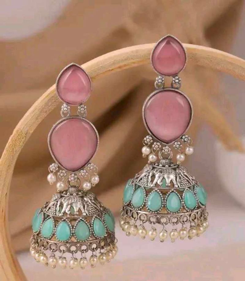 Stunning Pink &amp; Teal Jhumka Earrings