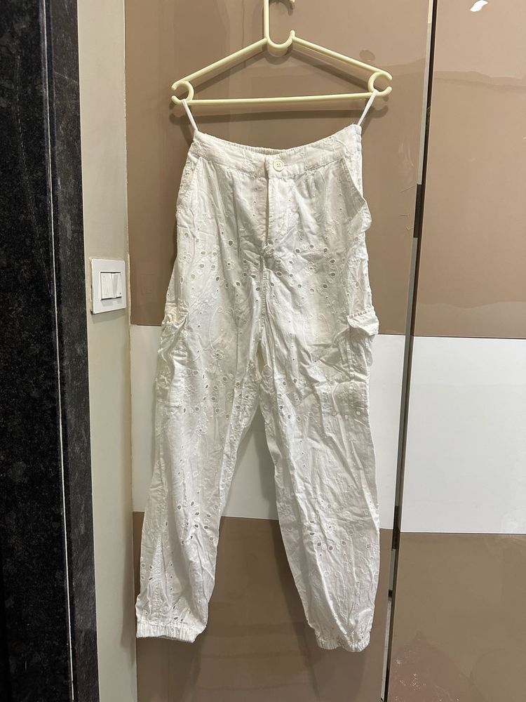 Chic White Embroidered Cargo Pants