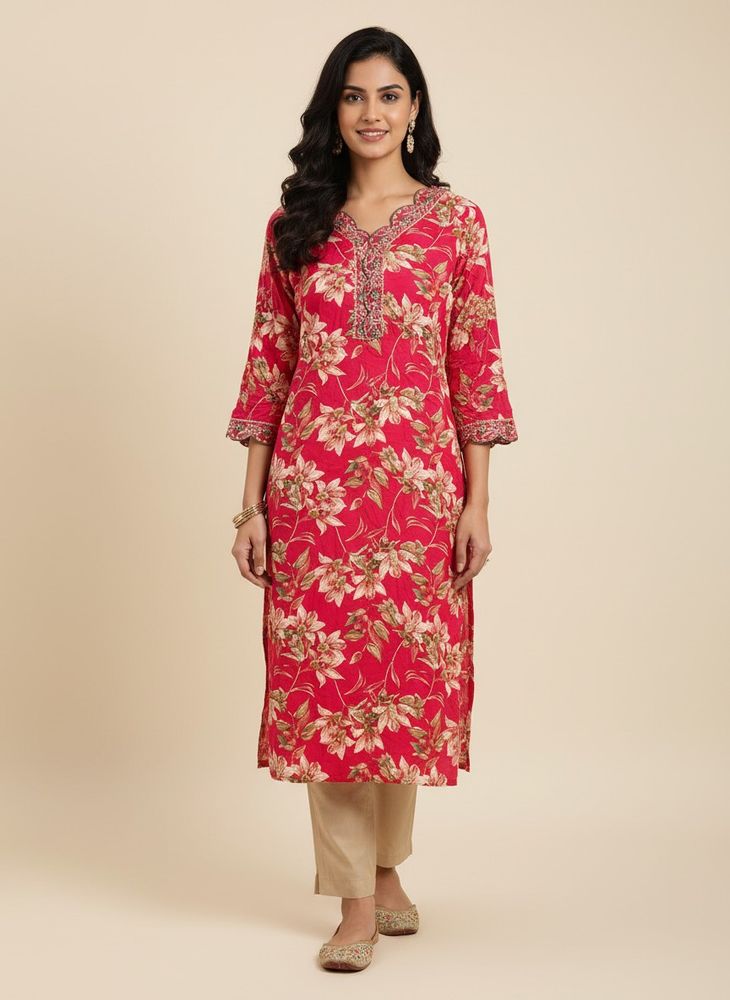 Pink Floral long Kurta with pant