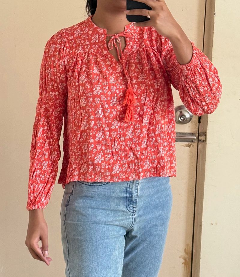 Boho Red Floral Print Tassel Tie Blouse