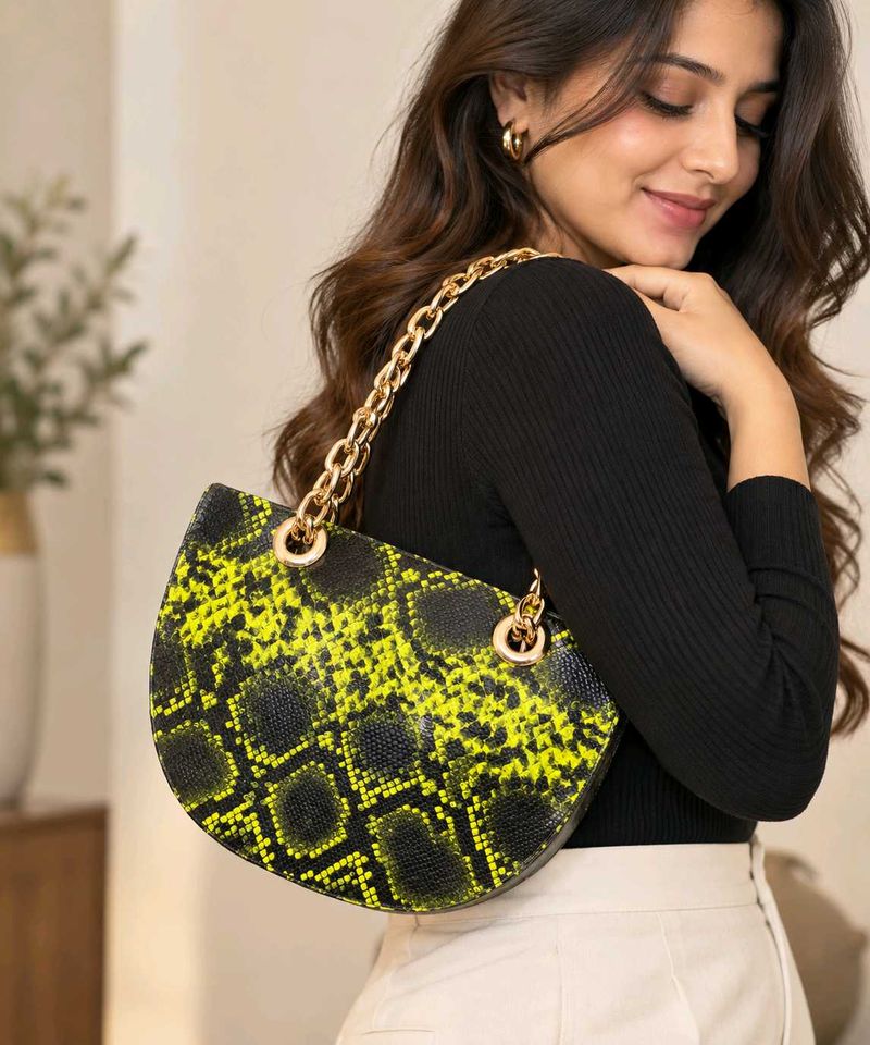 Neon Green &amp; Black Snakeskin Half-Moon Bag