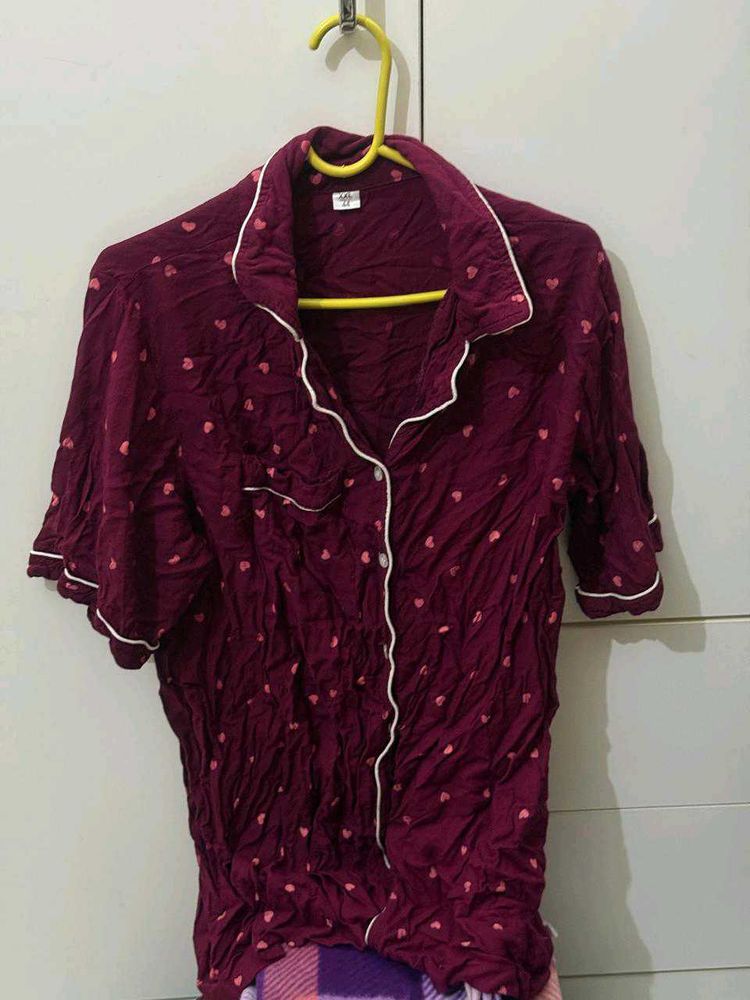 Maroon Heart Print Pajama Top